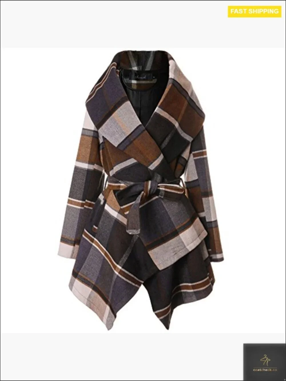 Turn Down Shawl Collar Asymmetric Hemline Wool Blend Coat Open Front Long Sleeve